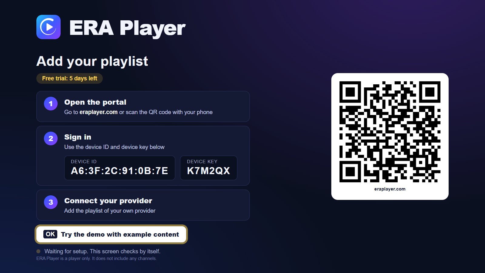 Activation screen with a QR code and the device ID