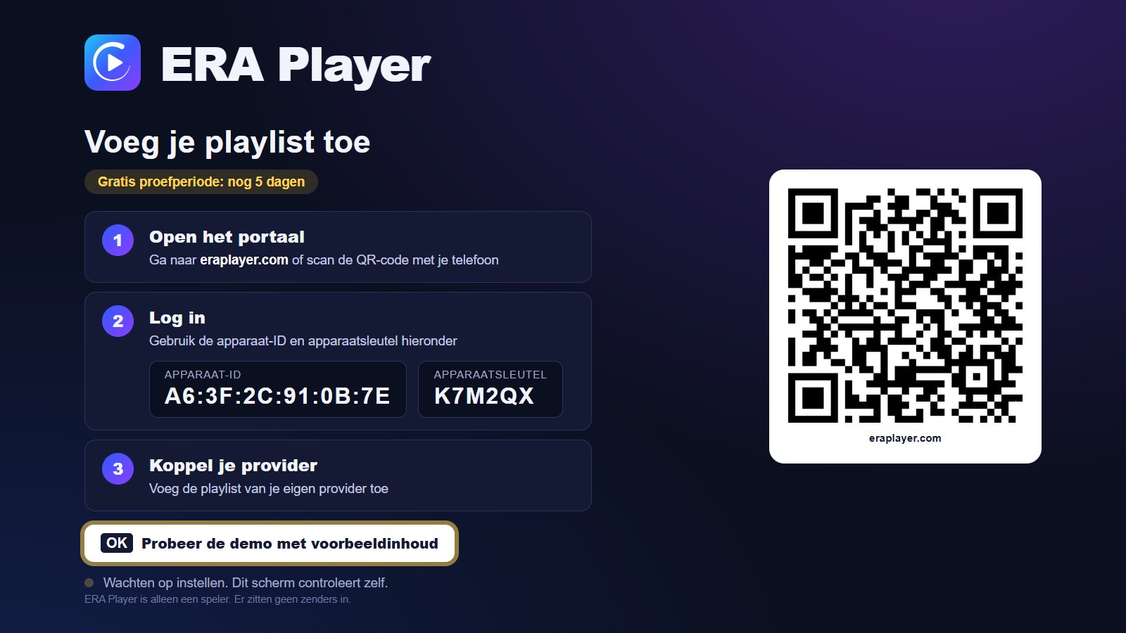 Activeringsscherm met een QR-code en het apparaat-ID